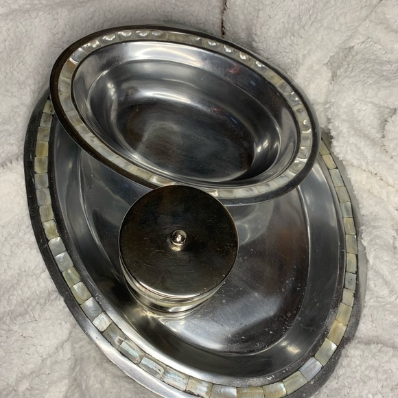 Antique Towle Silversmiths Mother Of Pearl Inlay Serving Tray , Bowl & Container - Picture 3 of 10